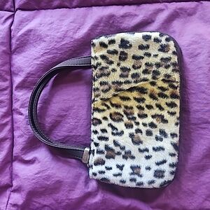 Vintage Esprit faux fur brown / black / beige leopard zip top minibag wristlet